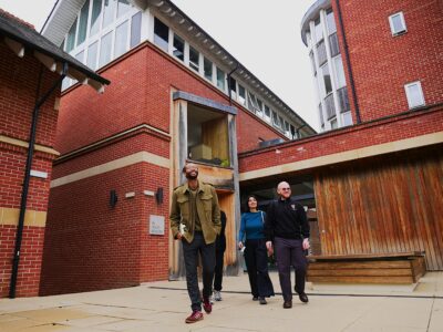 Students outside library building